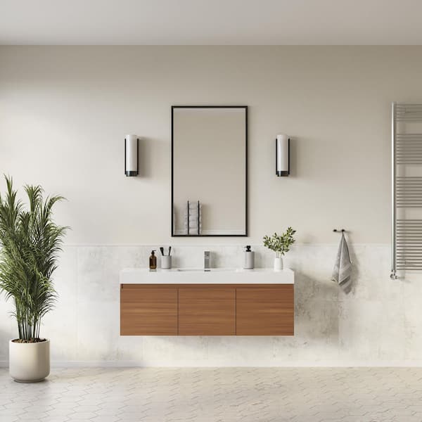 Mezzo 60 in. Modern Wall Hung Bath Vanity in Teak with Vanity Top in White with White Basin