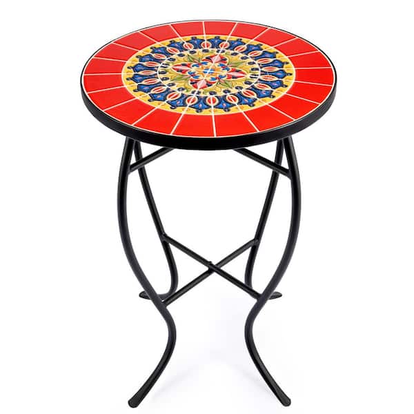 Merra Black Metal Mosaic Top Outdoor Side Table with Curved Legs, Red Pattern