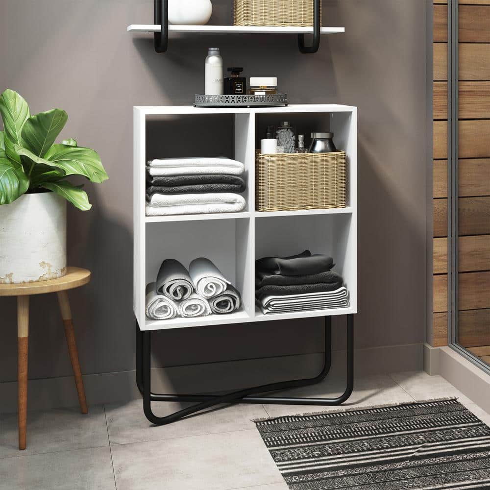 White and Walnut Geometric 2-Tier Bookcase with Black Cross-Legs