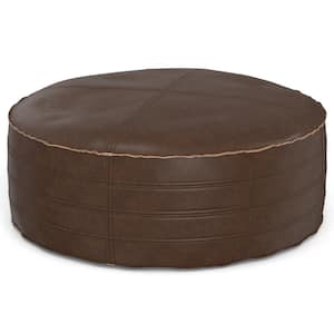 Brody Boho Distressed Dark Brown in Vegan Faux Leather Round Pouf