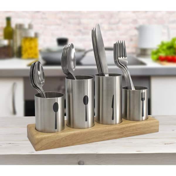 Silverware Holder Silver Stainless Steel Utensil Holder with Bamboo Wood Base-Beige Silver