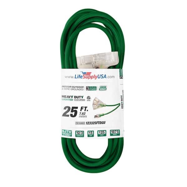 LifeSupplyUSA 25 ft. 12/3 3-Outlet SJTW 15 Amp 125-Volt 1875-Watt Dark Green Indoor/Outdoor Heavy-Duty Lighted End Extension Cord