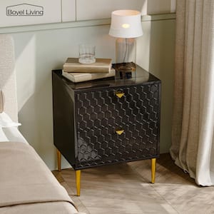 Black Wood Nightstand Accent Storage Cabinet with 2-Drawer Chest