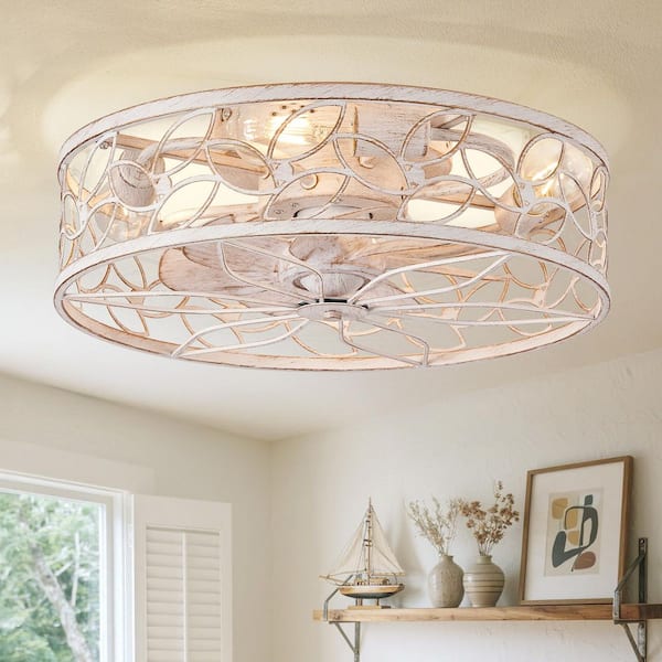 18 in. Small Indoor White Gold Flush Mount Caged Ceiling Fan with Lights and Remote Control for Kids Rooms