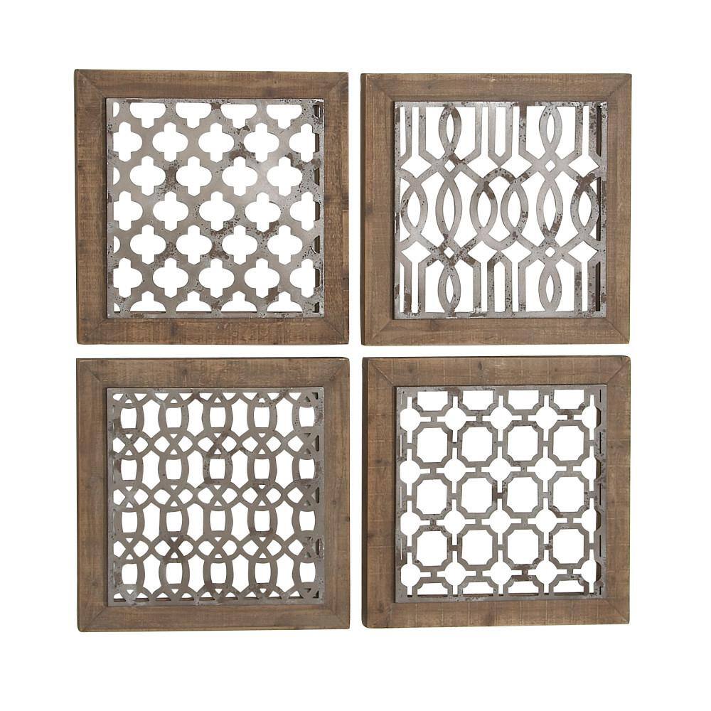 Rustic Farmhouse Iron & Wood Geometric Wall Decor Set, 19" Square