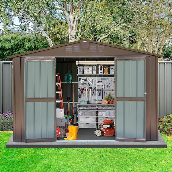 10 ft. W x 8 ft. D Outdoor Metal Storage Shed with Double Lockable Door, for Bike, Trash Can, Tools, Brown (80 sq. ft.)