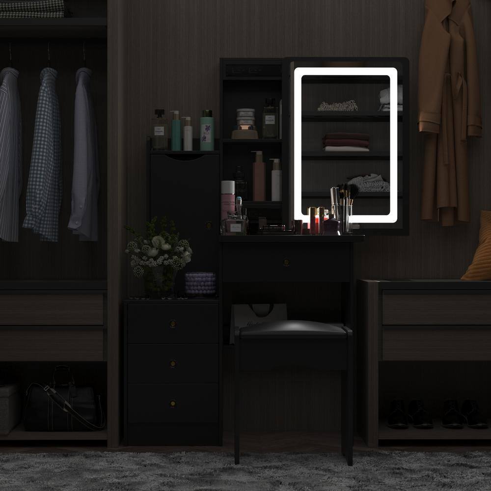 4-Drawers Black Wood LED Push-Pull Mirror Makeup Vanity Sets Dressing Table Sets with Stool, Door Cabinet, Shelves - thumbnail 5
