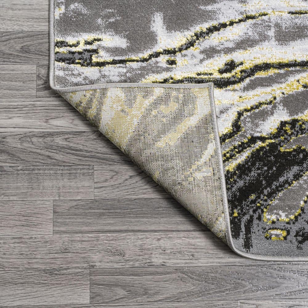 Abstract Swirl Marbled 5x8 Black/Yellow Synthetic Area Rug