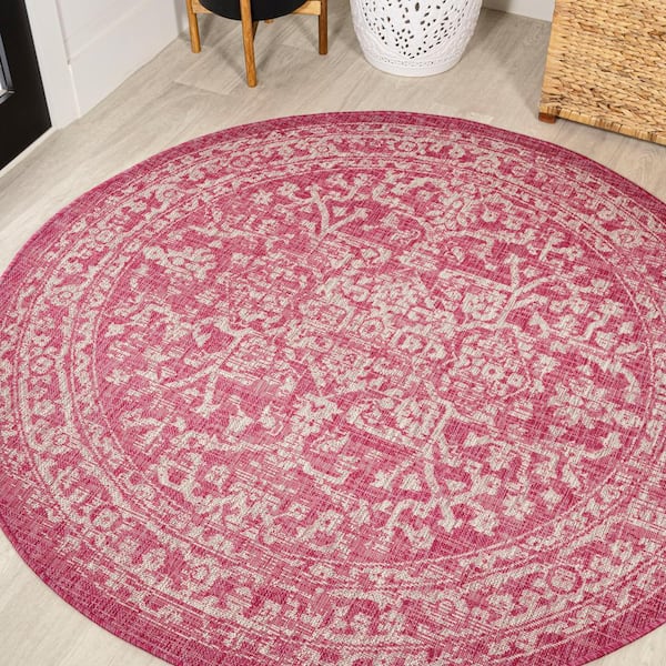 JONATHAN Y Malta Bohemian Medallion Textured Weave Fuchsia/Light Gray 5 ft. Round Indoor/Outdoor Area Rug