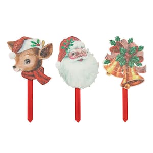 15 in. H Wooden Glitter Santa, Bell Christmas Yard Decor and Reindeer Yard Stake (Set of 3)
