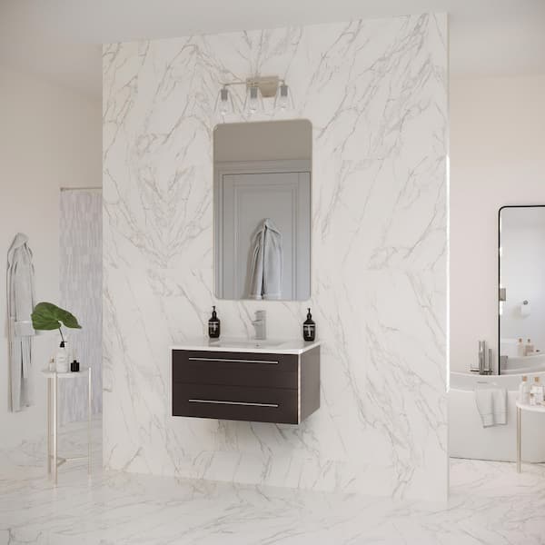 Lucera 30 in. Single Sink Wall Mount Floating Espresso Bath Vanity with White Quartz Top and Undermount Ceramic Sink