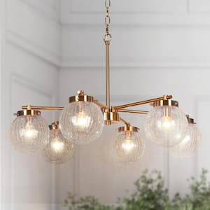Icecrac Modern Industrial 6-Light Plated Brass Dining Room Island Chandelier with Cracked Ice Globe Glass Shades