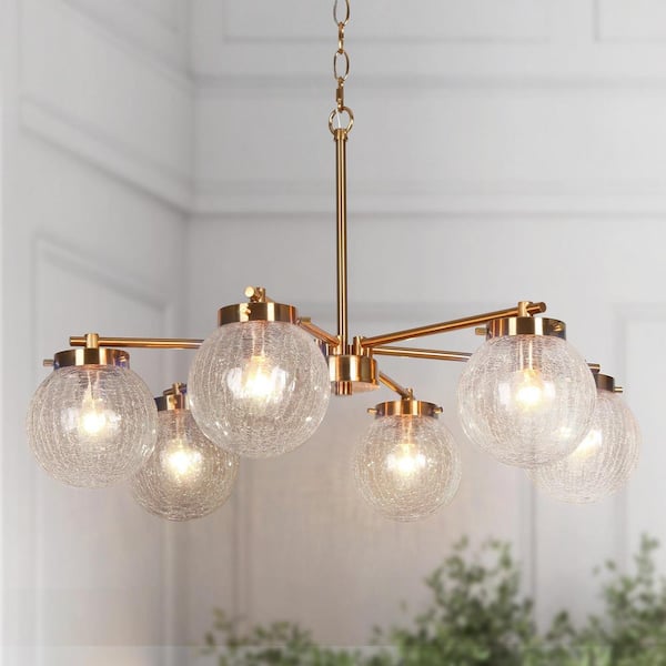 LNC Icecrac Modern Industrial 6-Light Plated Brass Dining Room Island Chandelier with Cracked Ice Globe Glass Shades