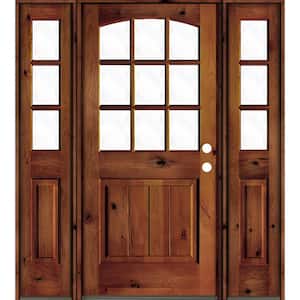 60 in. x 80 in. Knotty Alder Left-Hand/Inswing 9-Lite Clear Glass Red Chestnut Stain Wood Prehung Front Door/Sidelites