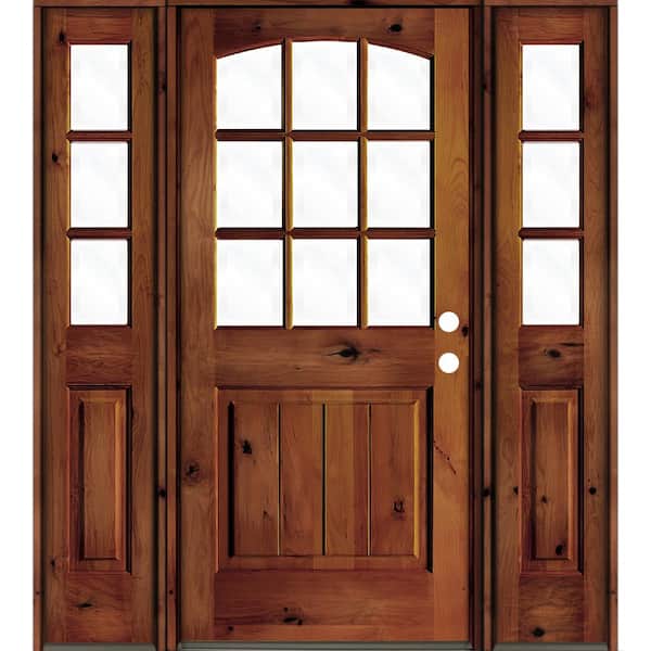 Krosswood Doors 64 in. x 80 in. Knotty Alder Left-Hand/Inswing 9-Lite Clear Glass Red Chestnut Stain Wood Prehung Front Door/Sidelites