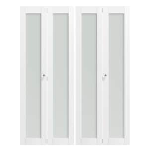 60 in. x 80 in. (Double Doors) White Frosted Glass MDF Single Glass Panel Bi-Fold Doors with Hardware Kits