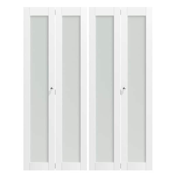 TENONER 60 in. x 80 in. (Double Doors) White Frosted Glass MDF Single Glass Panel Bi-Fold Doors with Hardware Kits