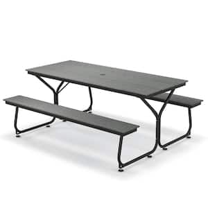 6 ft. Outdoor Metal Rectangular Picnic Table Bench Set for 6-People to 8-People Gray