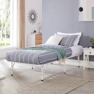 White Steel Bed Frame Twin Platform Bed with 14 in. Height, Heavy-Duty Construction, Foldable Design, Metal Slats