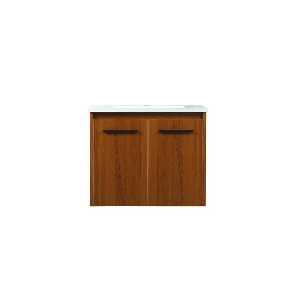 Timeless Home 24 in. W Single Bath Vanity in Teak with Quartz Vanity Top in Ivory with White Basin, Brown