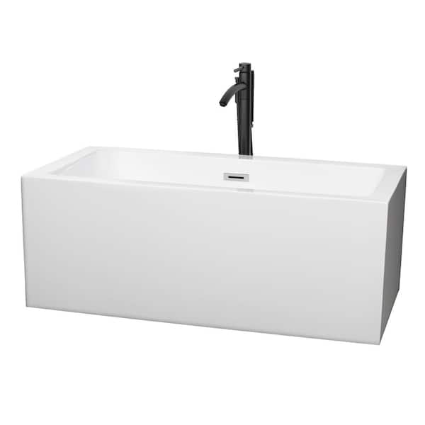 Wyndham Collection Melody 59.5 in. Acrylic Flatbottom Bathtub in White with Polished Chrome Trim and Matte Black Faucet