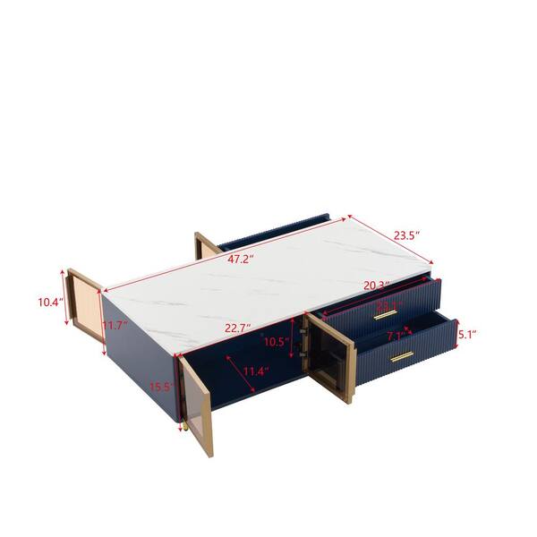 Tenleaf 47.2 in. Modern Blue Rectangle Coffee Table with 2-Glass