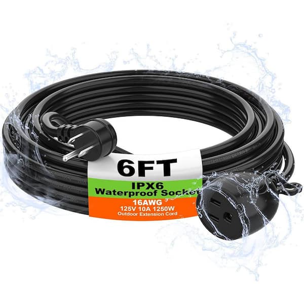 6ft 16/3 10A 1250W Outdoor Extension Cord IPX6 Waterproof Shockproof Weather-Resistant Black