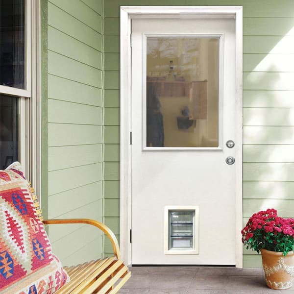 36 in. x 80 in. Reliant Series Clear Half Lite RHOS White Primed Fiberglass Prehung Back Door with Med Pet Door