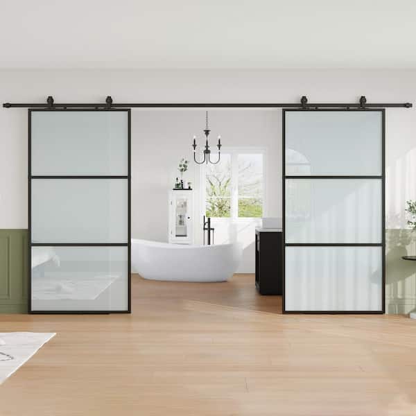 84 in. x 84 in. (Double 42 in doors) 3 Lite Frosted Glass Black Metal Frame Interior Sliding Barn Door with Hardware kit