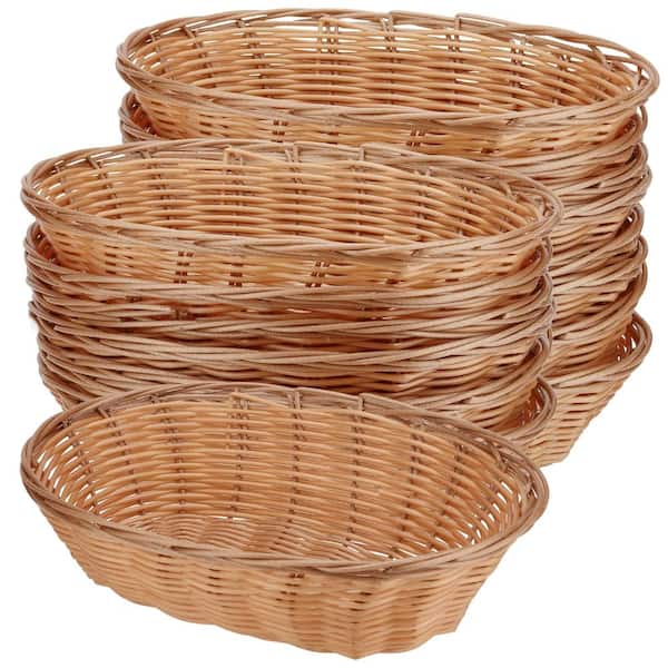 15-Pack Oval Plastic Wicker-Style Bread Baskets, 11 x 7.87 x 2.8 in., Light Brown Food Serving