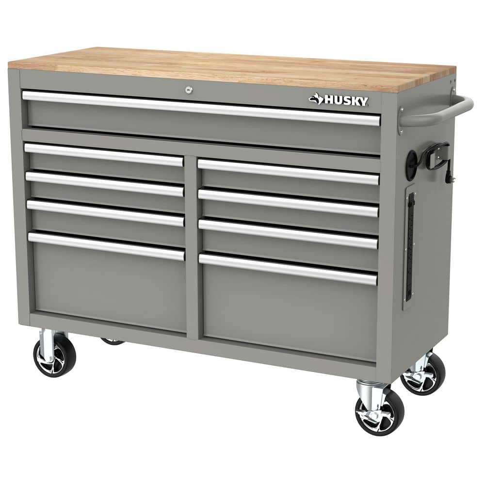 Husky 46 in. W x 18 in. D 9-Drawer Gloss Gray Mobile Workbench Cabinet with Solid Wood Top -  H46X18MWC9GRY