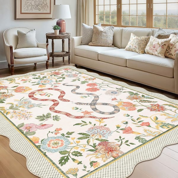 8 ft. x 10 ft. Beige Washable Fan-Shaped Carpet Insect Plant Print