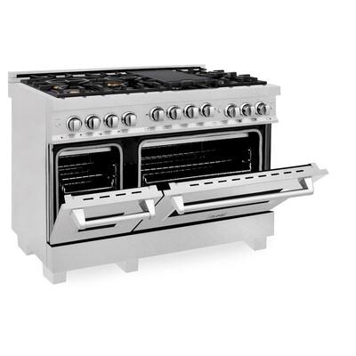 48" 6 cu. ft. Double Oven Gas Range with Gas Stove and Gas Oven in DuraSnow Stainless Steel with Brass Burners