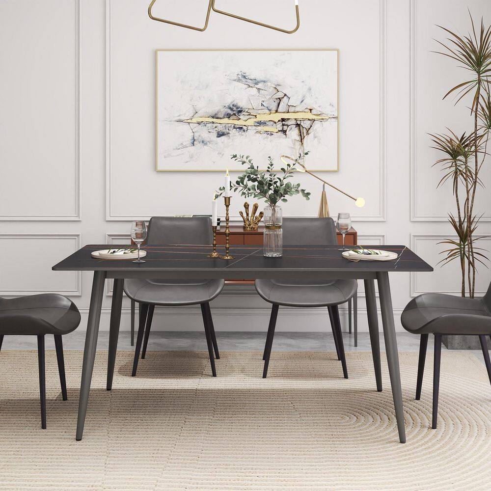 63 in. Black Sintered Stone with Gray Metal 4-Legs Dining Table (Seats-6)