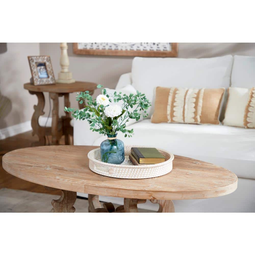 Cream Checkered Round Rattan Decorative Tray Set, 20" and 16"