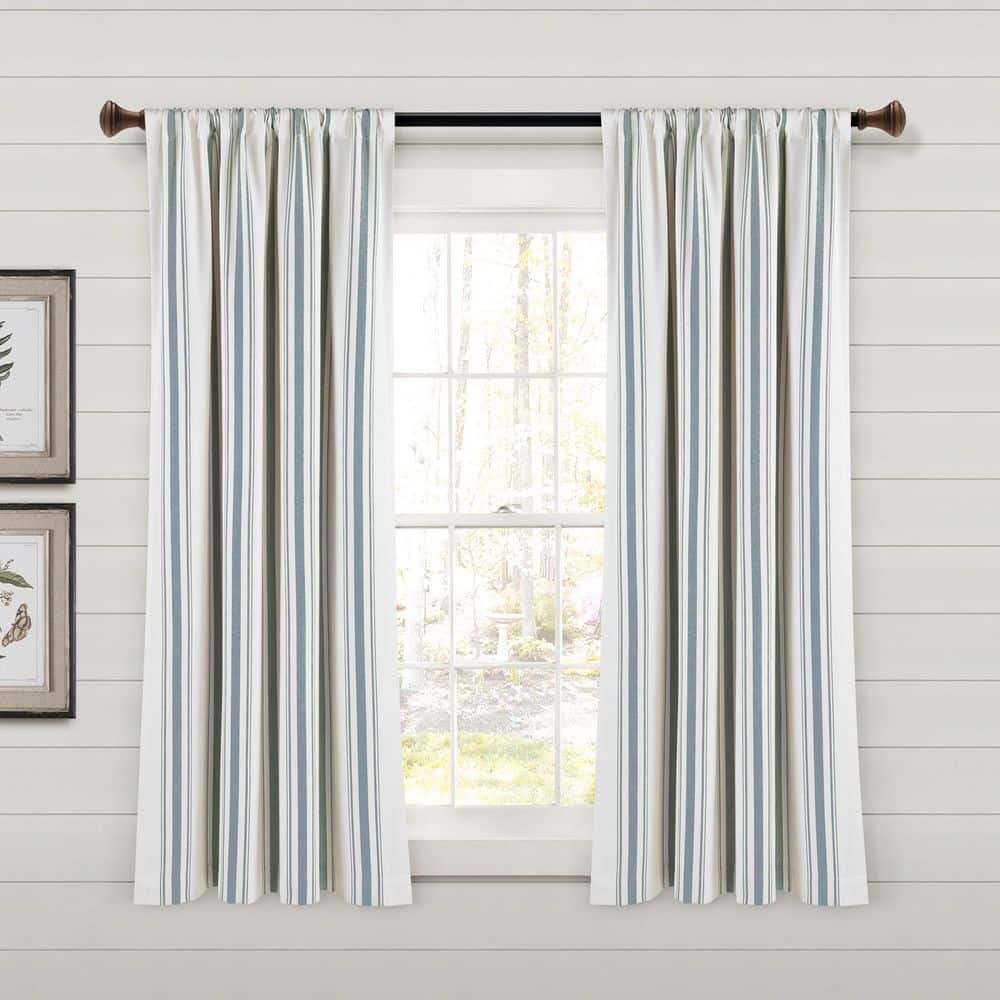 Blue and White Cotton Blend Striped Rod Pocket Window Panels