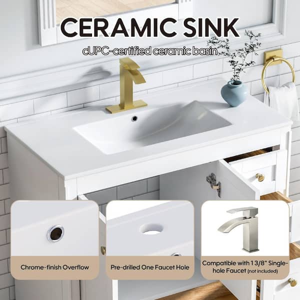 36 in. White Solid Wood Bath Vanity with White Ceramic Top, Soft-Close Doors and Drawers Dovetail, Unassembled