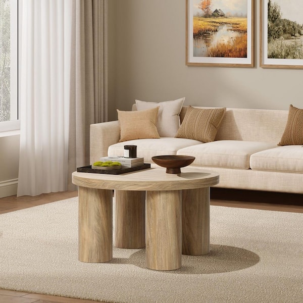 27.6 in. Oak Round Wood Coffee Table with 4-Pillar Legs