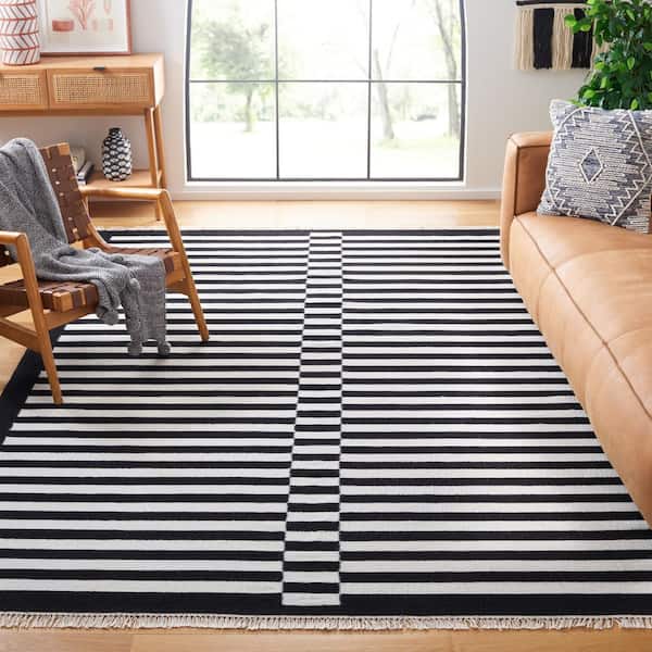 Striped Kilim Black Ivory 8 ft. x 10 ft. Border Striped Area Rug