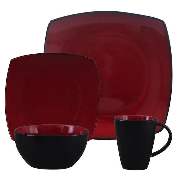 16 pc Dinnerware, Red Square Shape Stoneware (Service for 4)