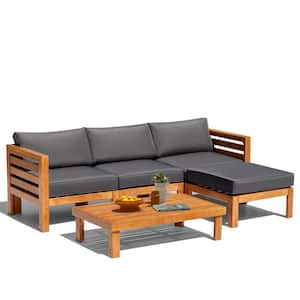5-Piece Wood Patio Conversation Set with Coffee Table and Soft Dark Grey Cushions, Outdoor Sofa Set