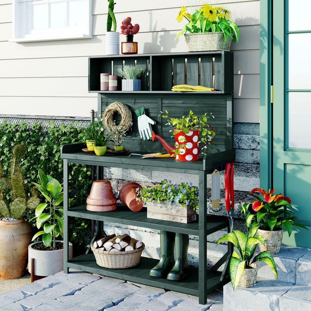 65 in. Large Wooden Outdoor Potting Bench, Garden Potting Table with 4-Stor