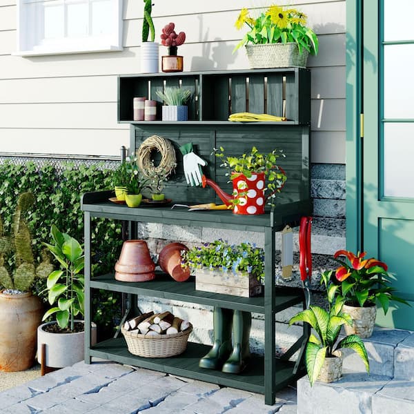 Unbranded 65 in. Large Wooden Outdoor Potting Bench, Garden Potting Table with 4-Storage Shelves and Side Hook, Forest Green