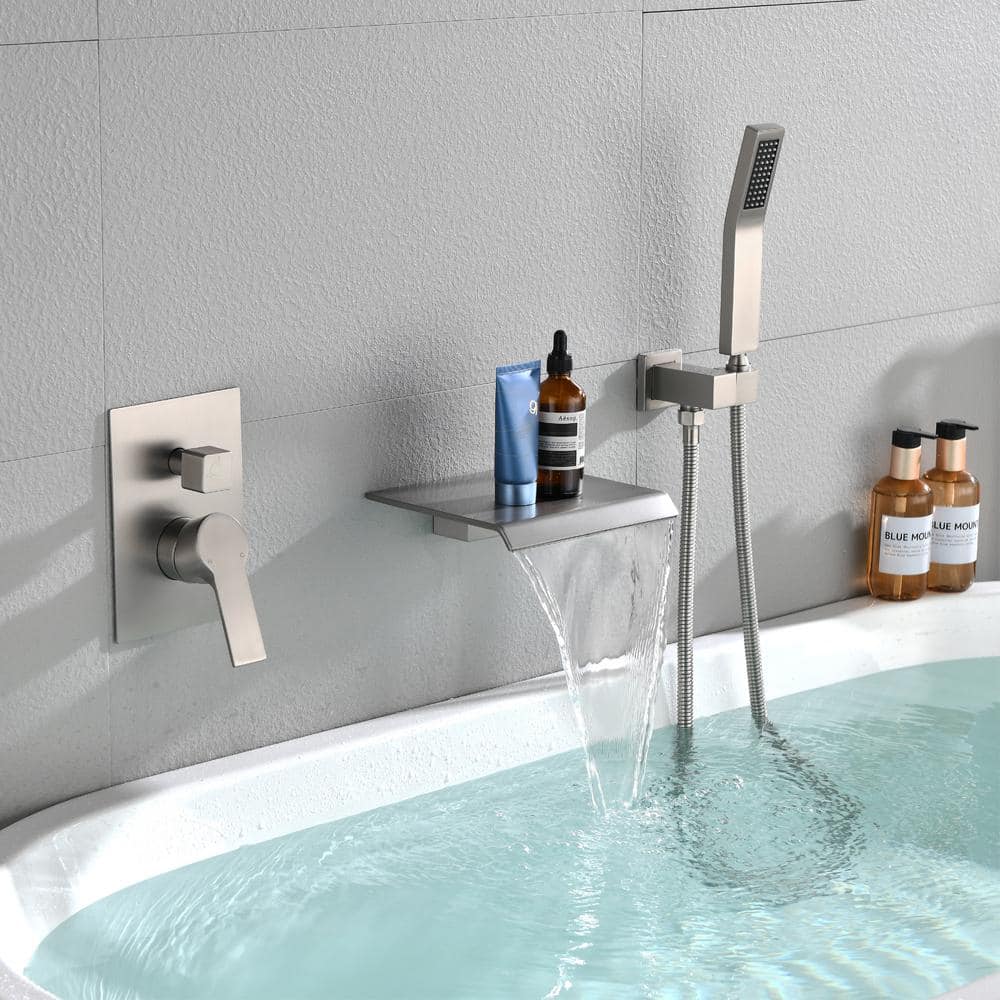 Brushed Nickel Wall-Mount Waterfall Tub Faucet with Hand Shower