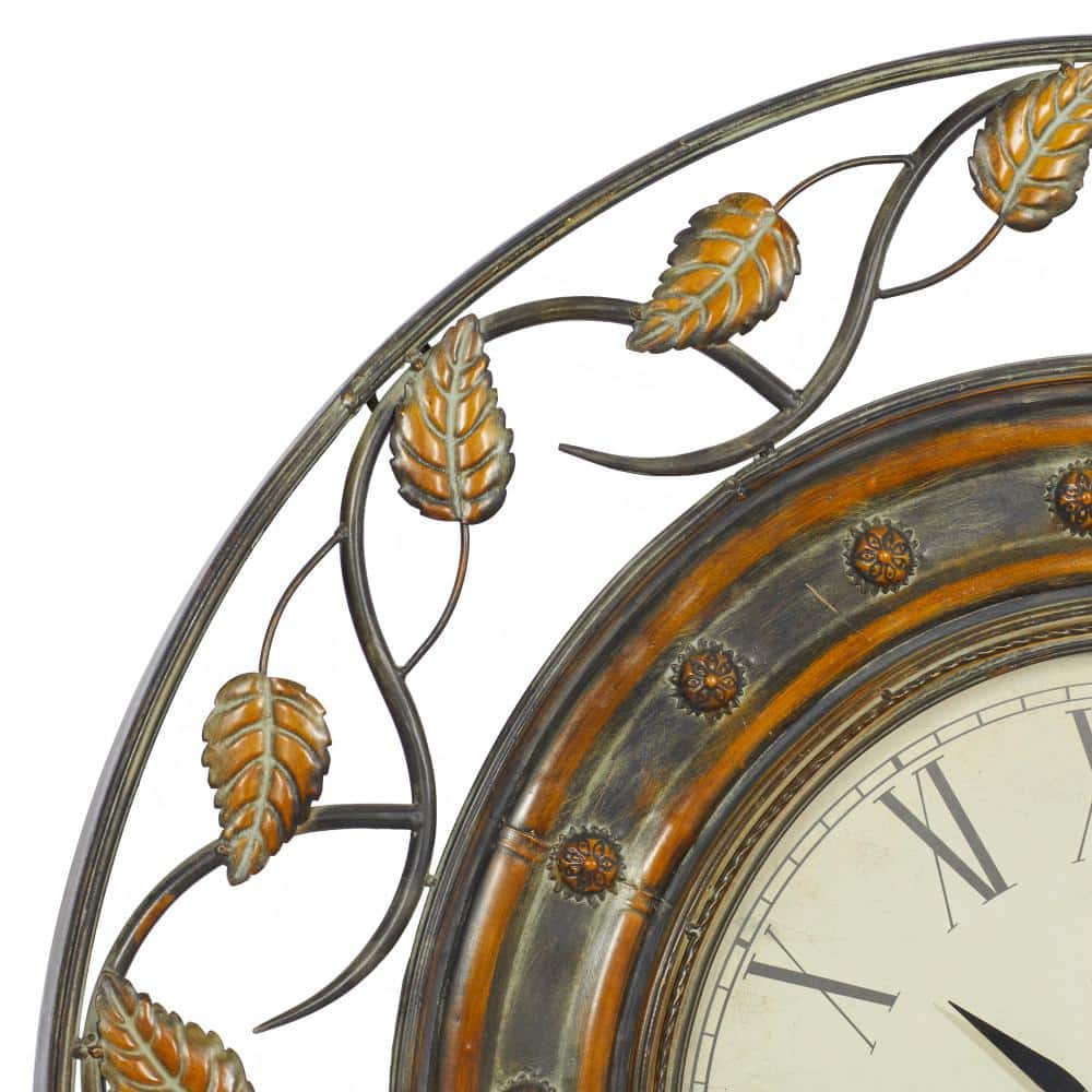 36'' Brown Metal Leaf Medallion Wall Clock with Scrolled Vines