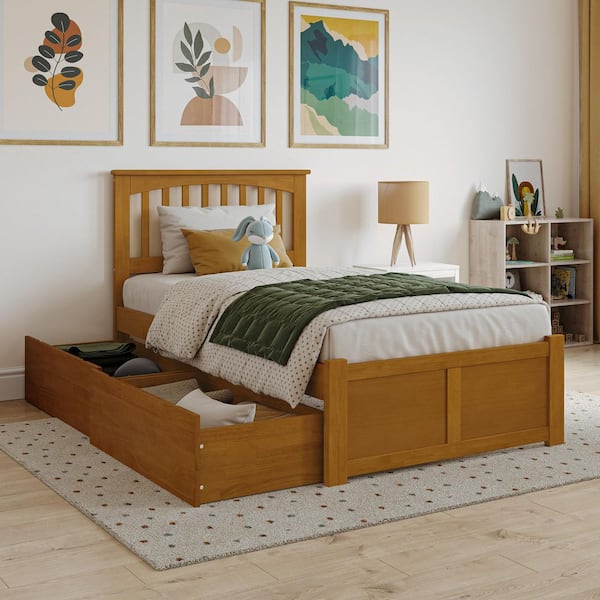 AFI Mission Light Toffee Natural Bronze Solid Wood Frame Twin Platform Bed with Footboard and Storage Drawers