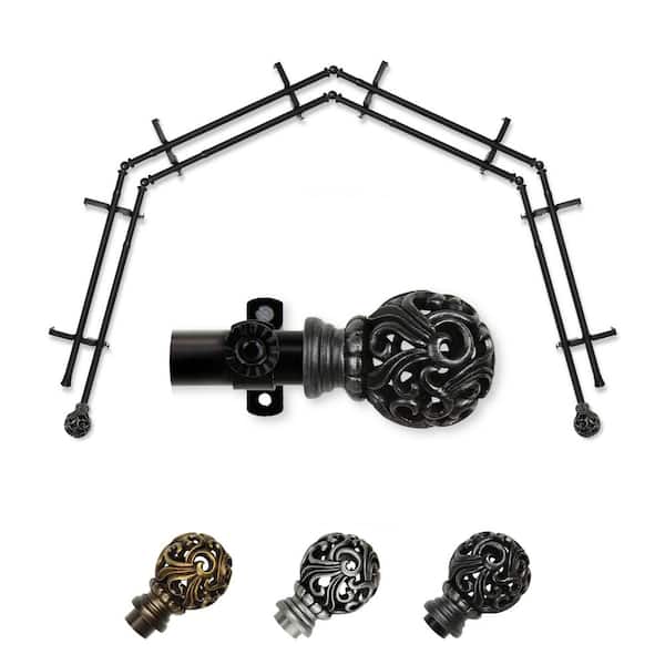 EMOH 13/16" Dia Adjustable 4-Sided Double Bay Window Curtain Rod 28 to 48" (each side) with Cruz Finials in Black