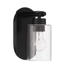 Hendrix 1-Light Flat Black Finish Wall Sconce with Clear Glass Shade