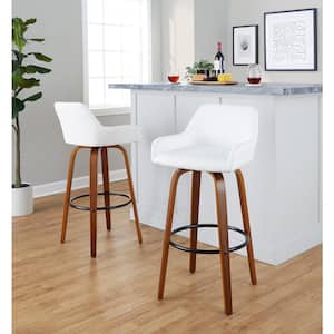 Daniella 29.25 in. White Faux Leather, Walnut Wood and Black Metal Fixed-Height Bar Stool (Set of 2)