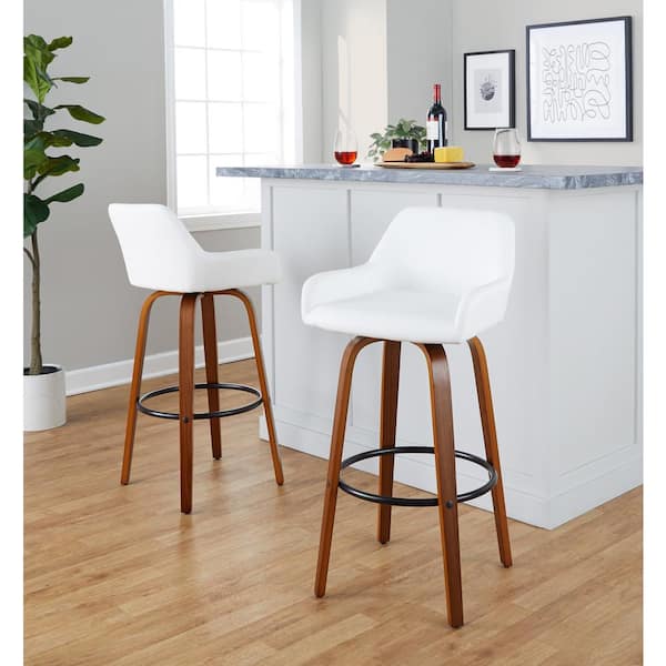 Lumisource Daniella 29.25 in. White Faux Leather, Walnut Wood and Black Metal Fixed-Height Bar Stool (Set of 2)